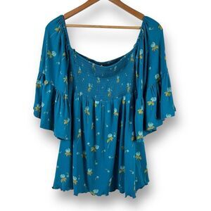 Free People S‎ Lana Off Shoulder Tunic Top Ocean Blue Bell Sleeve Ditzy Floral